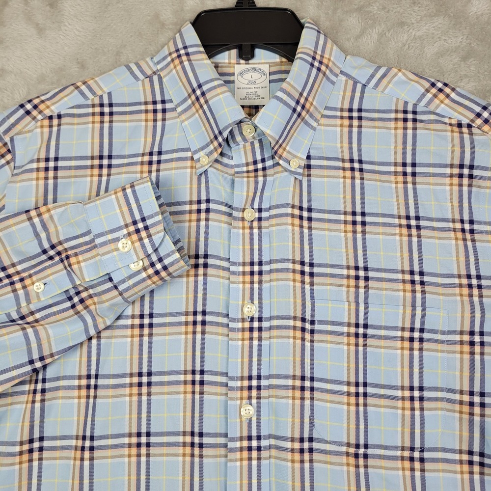 Brooks Brothers 346 Men's Size Large Blue Plaid Long Sleeve Slim Fit Cotton